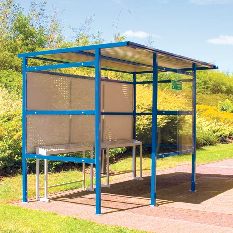 Traditional smoking shelter with perspex sides and perfo steel back