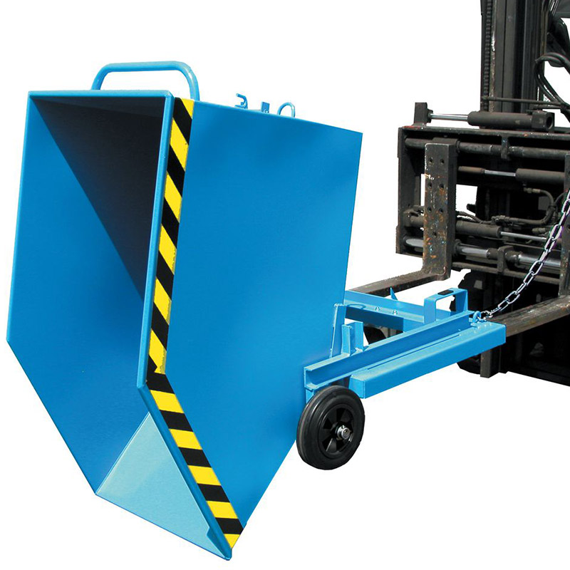 Blue forklift tipping skip with integral wheels