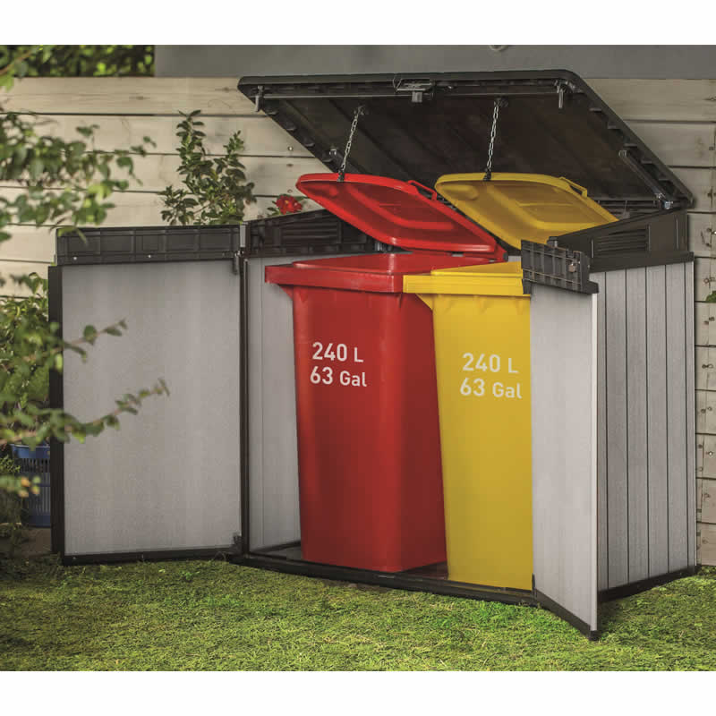 2 x 240L wheelie bins in storage box - open