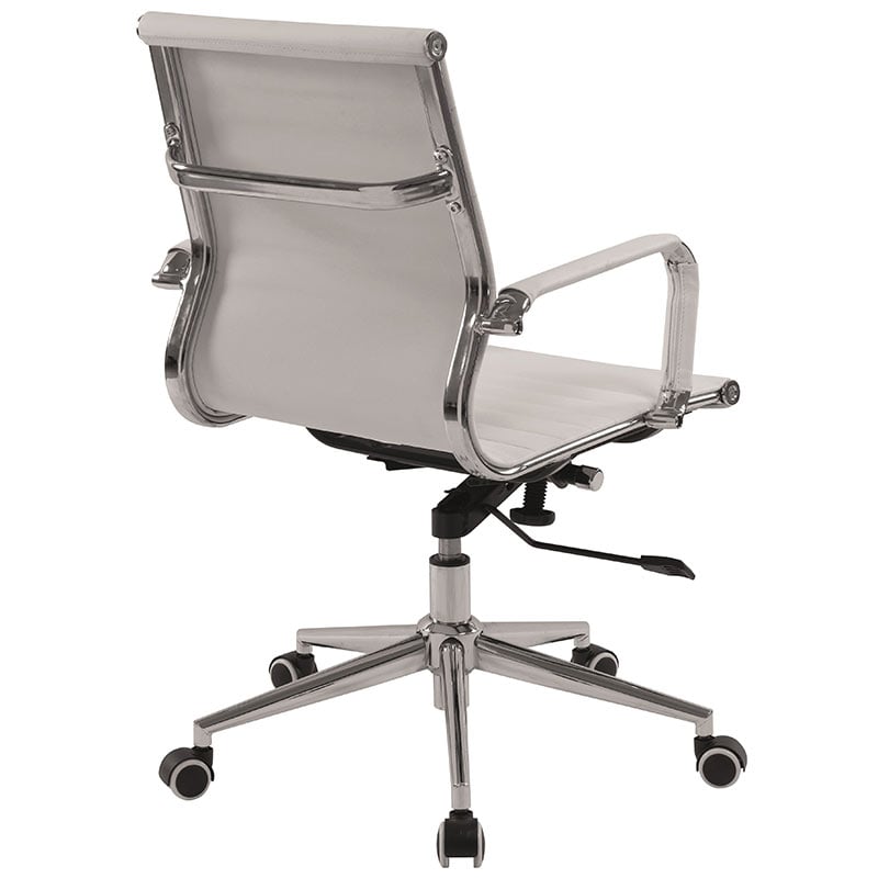 White classic leather executive office chair with medium back and 5-star chrome base with castors