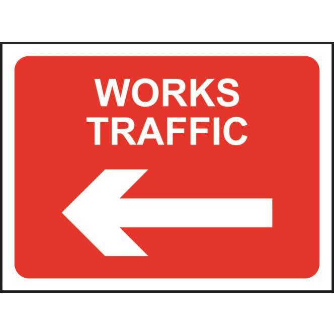 Works traffic road sign with left pointing arrow