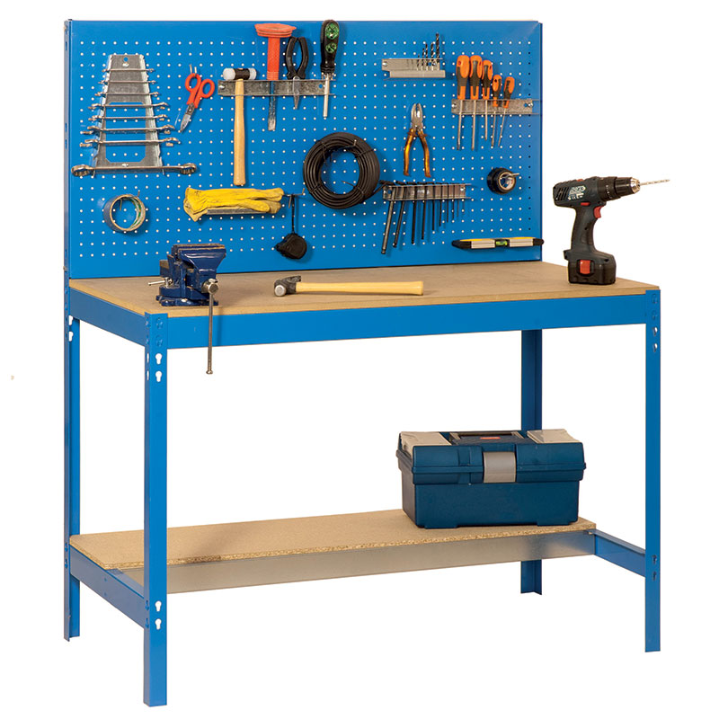 Steel frame workbench with powder-coated blue finish, 16mm MDF top and pegboard back panel