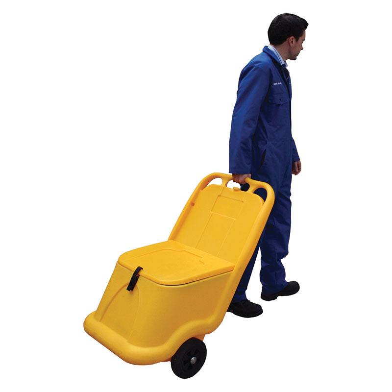 Yellow 75L grit bin with rear wheels