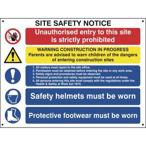 Construction Site Safety Notice With 1 Prohibition, 1 Warning & 3 Mandatory Messages