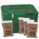 Green 115L grit bin with 4 25kg bags of brown rock salt