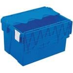 Blue plastic tote box container with attached lid