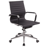 Black leather executive office chair with chrome base and castors