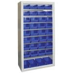 Small parts storage cabinet with 8 shelves and 36 blue size 4 small parts bins