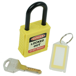 Di-electric lockout padlock with nylon shackle and yellow non-conductive body