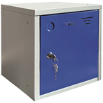 Metal cube locker with blue doors and light grey carcass