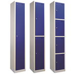 Flat-packed metal lockers with blue doors and grey carcass