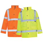 High-visibility fluorescent orange and yellow parka jackets
