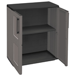 Industrial double-door grey plastic utility cupboard with one shelf