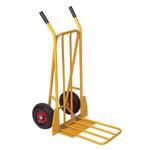 Yellow powder-coated steel sack truck with fixed and folding footiron