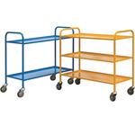 Blue 2-tier and yellow 3-tier light-duty shelf trolleys