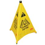 Yellow triangular pop-up warning cone floor sign
