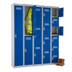 Metal lockers with grey carcass and blue doors for storage of PPE