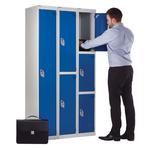 Secure metal lockers with grey carcass and blue doors