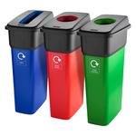 Slimbin recycling bins in blue, red and green with blue paper slot and circular apperture for bottles