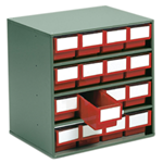 Small parts cabinet with 16 red parts bins