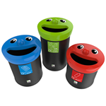 Range of recyling bins with smiley face lids