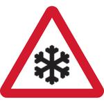 Snow and Ice warning triangular road sign