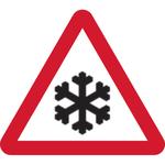 Snow and Ice warning triangular road sign