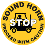 Stop Sound Horn Stop Proceed With Caution - Yellow Graphic Floor Sticker - 430mm diameter