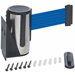 Stainless steel wall mounted belt barrier cartridge with 2.5m blue belt, wall clip and fixings