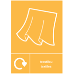 Textiles recycling sign in Welsh & English