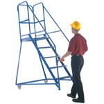 Galvanised 5-tread tilt 'n' push mobile safety steps with painted blue finish