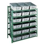 Green steel storage rack for 18 galvanised steel tote pans