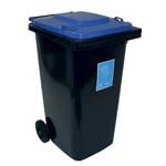 240L grey wheelie bin with blue lid and paper recycling label