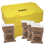 Yellow 115L grit bin wth 4 x 25kg bags of brown rock salt