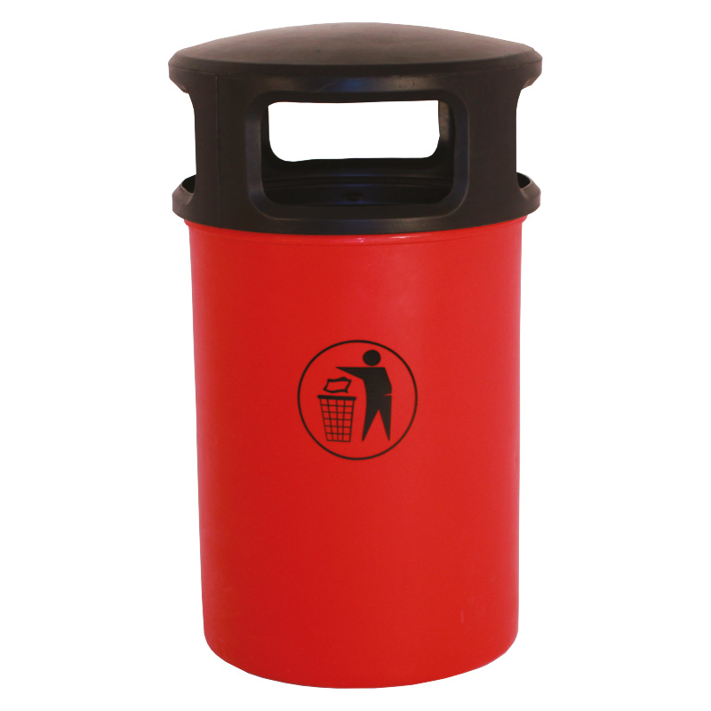 90L Red Hooded Plastic Litter Bin Polyethylene with galvanised liner - indoor & outdoor use