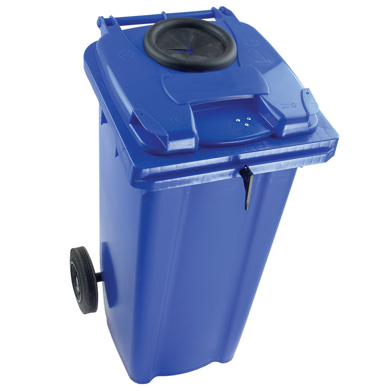 120L Wheelie Bin with Bottle Aperture on Lid complete with Lock - Blue
