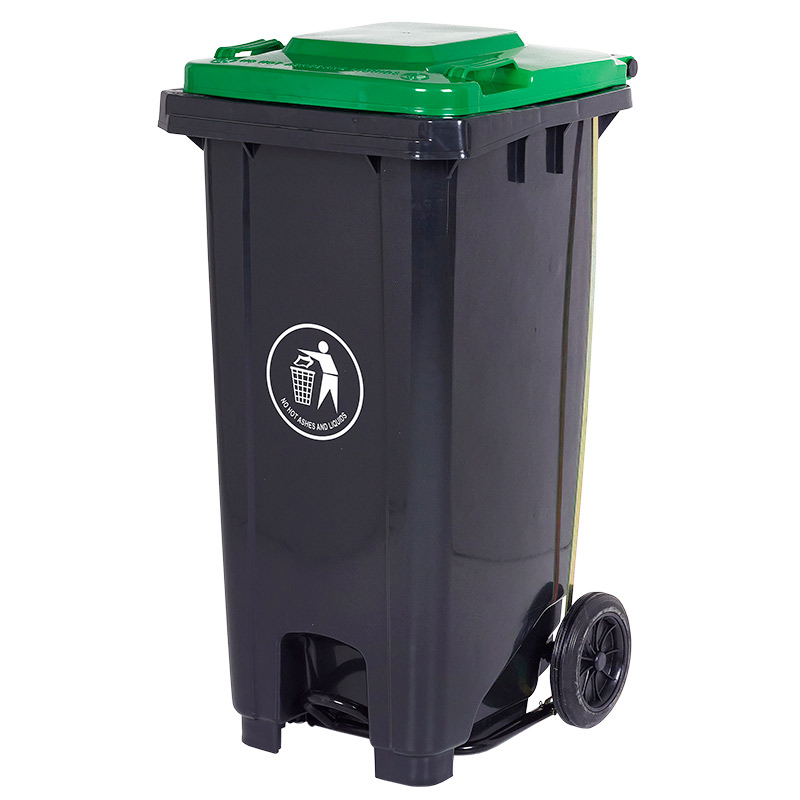 120L Pedal-Operated Grey Wheelie Bin with Green Lid - 900 x 550 x 460mm (H x W x D)