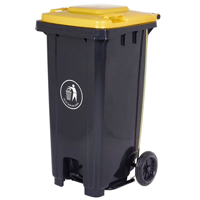 120L Pedal-Operated Grey Wheelie Bin with Yellow Lid - 900 x 550 x 460mm (H x W x D)