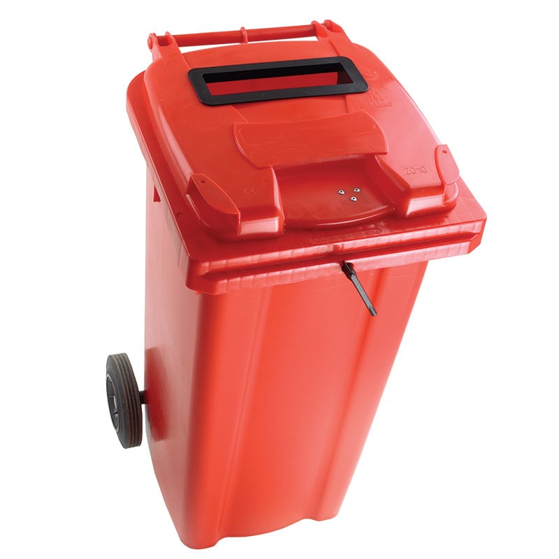 120L Wheelie Bin with Confidential Waste Paper Slot on Lid with Lock - Red