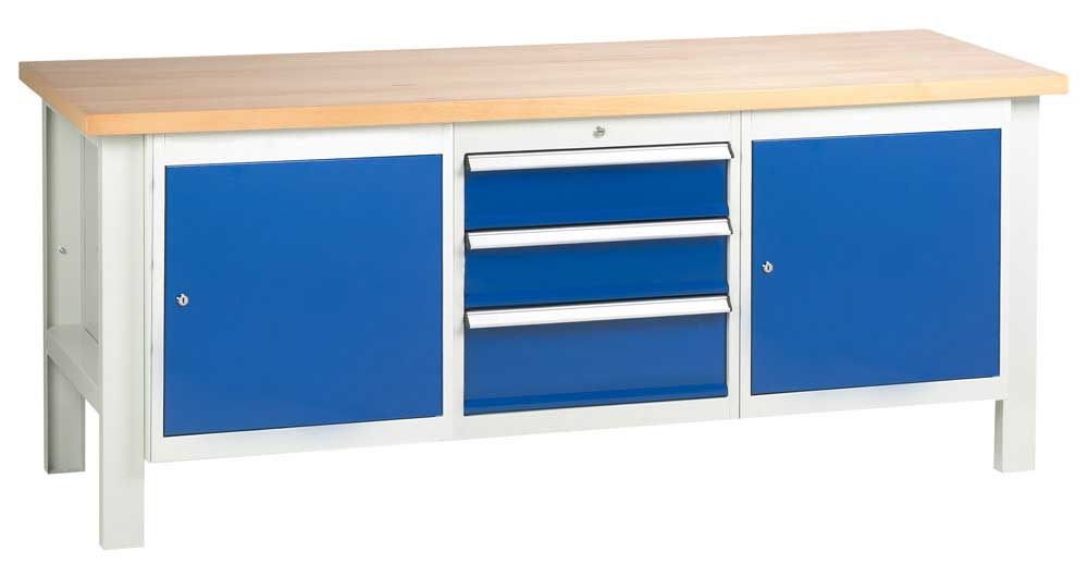 2000mm wide Basic Industrial Workbench - 2x Cupboards and 1x Drawers