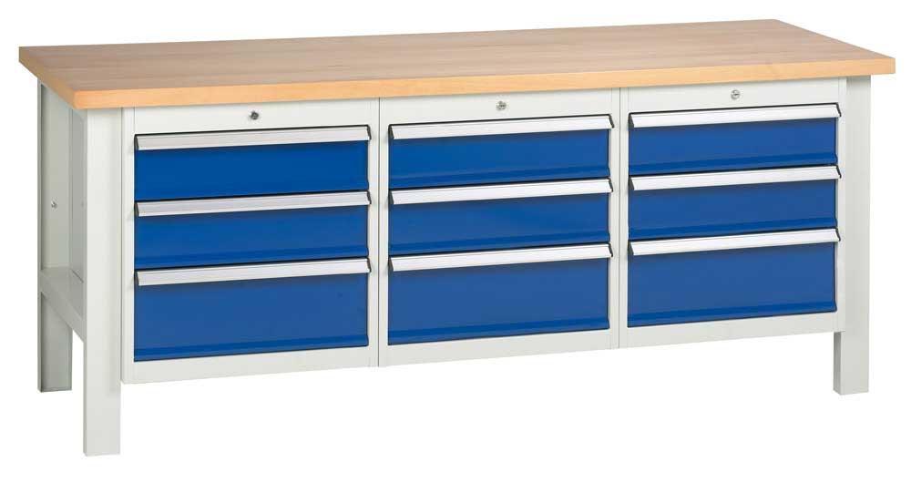2000mm wide Basic Industrial Workbench with 3x Drawer Units