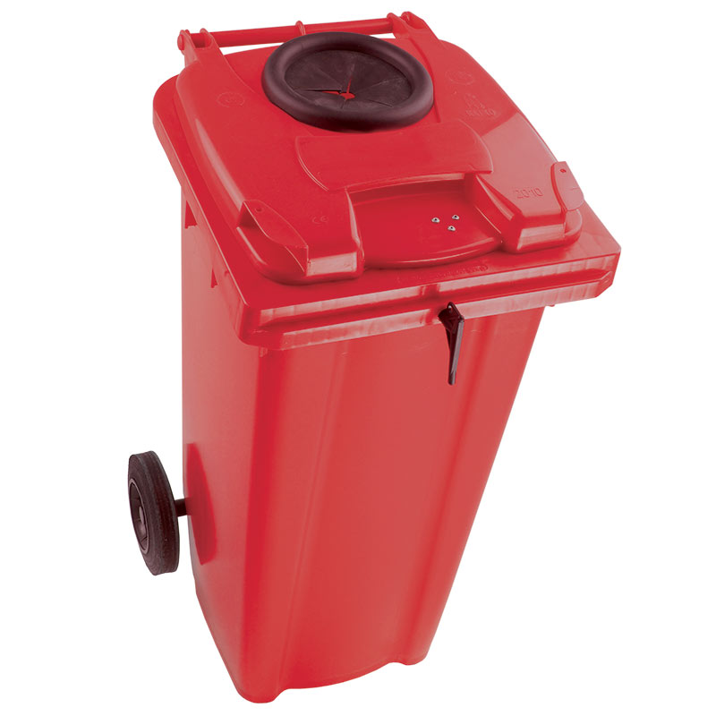 140L Wheelie Bin with Bottle Aperture on Lid with Lock - Red