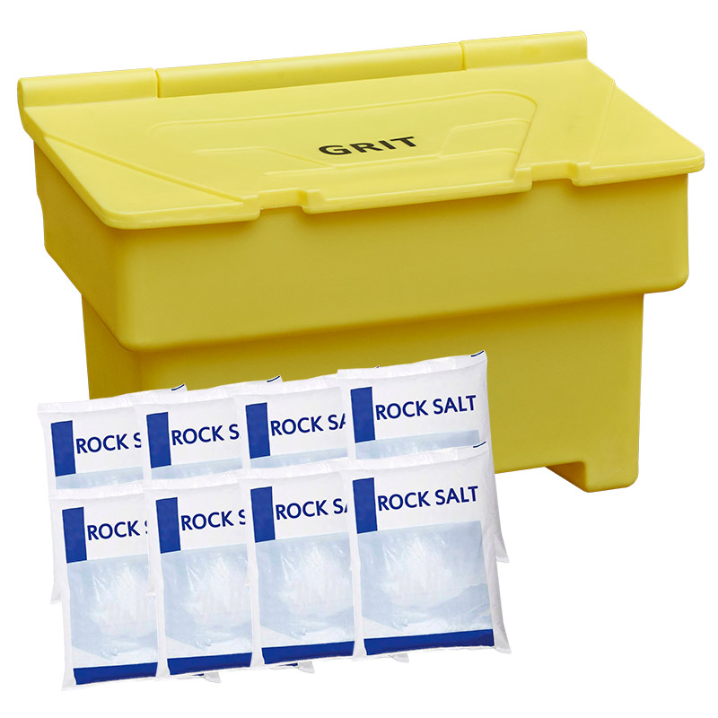200L Grit Bin & 8 x 25kg Bags of Rock Salt - Hasp & Staple - 720 x 1020 x 520mm - forklift skids