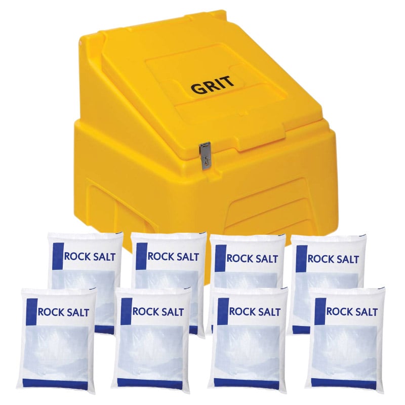 Heavy Duty 200L Yellow Grit Bin With 8 x 25kg Bags of Rock Salt