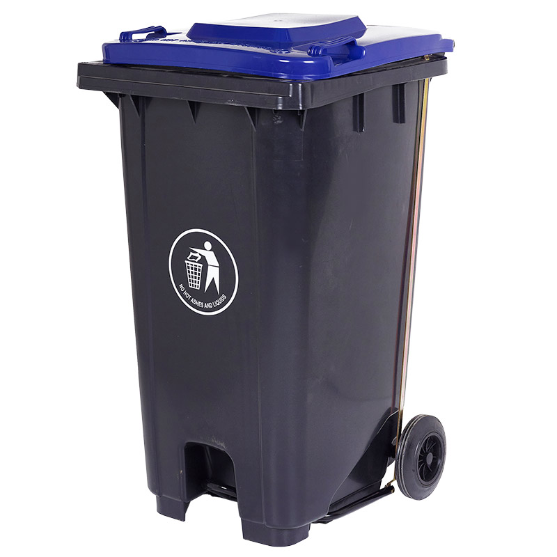 240L Pedal-Operated Grey Wheelie Bin with Blue Lid- 960 x 750 x 590mm (H x W x D)