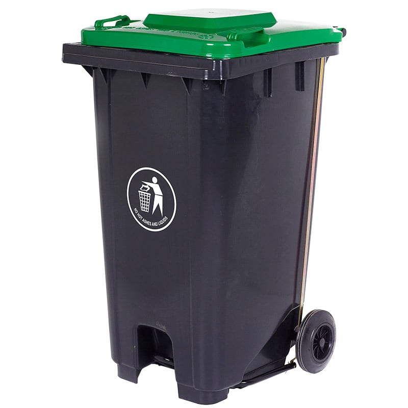 240L Pedal-Operated Grey Wheelie Bin with Green Lid - 960 x 750 x 590mm (H x W x D)