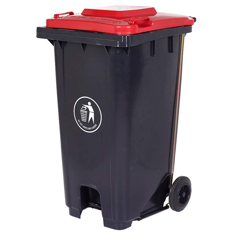 240L Pedal-Operated Grey Wheelie Bin with Red Lid - 960 x 750 x 590mm (H x W x D)