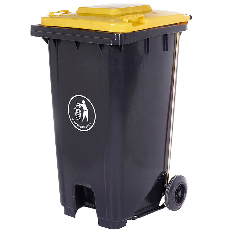 240L Pedal-Operated Grey Wheelie Bin with Yellow Lid - 960 x 750 x 590mm (H x W x D)