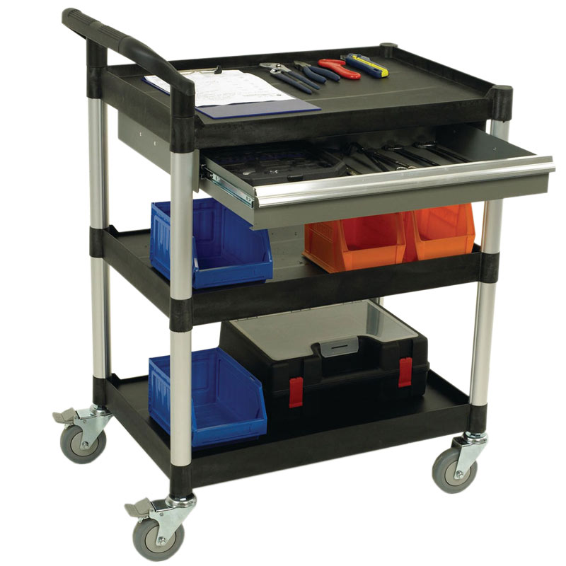 3 Shelves Utility Tool Trolley W/One Drawer, Open Sided Cart