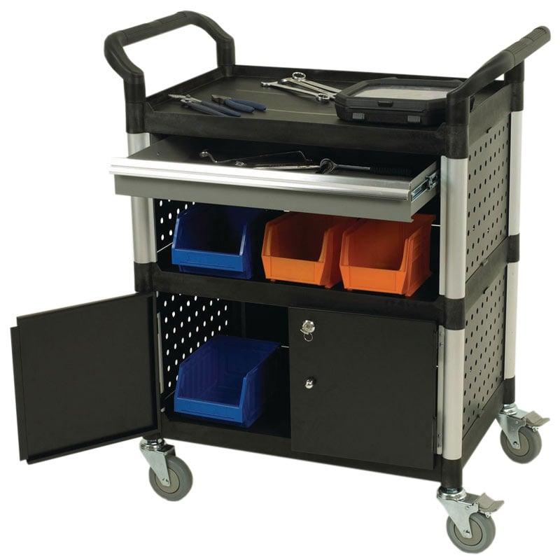 3 Shelves Utility Tool Trolley W/ One Drawer, Side Panels And 2 Small Doors. Panels On 3 Sides
